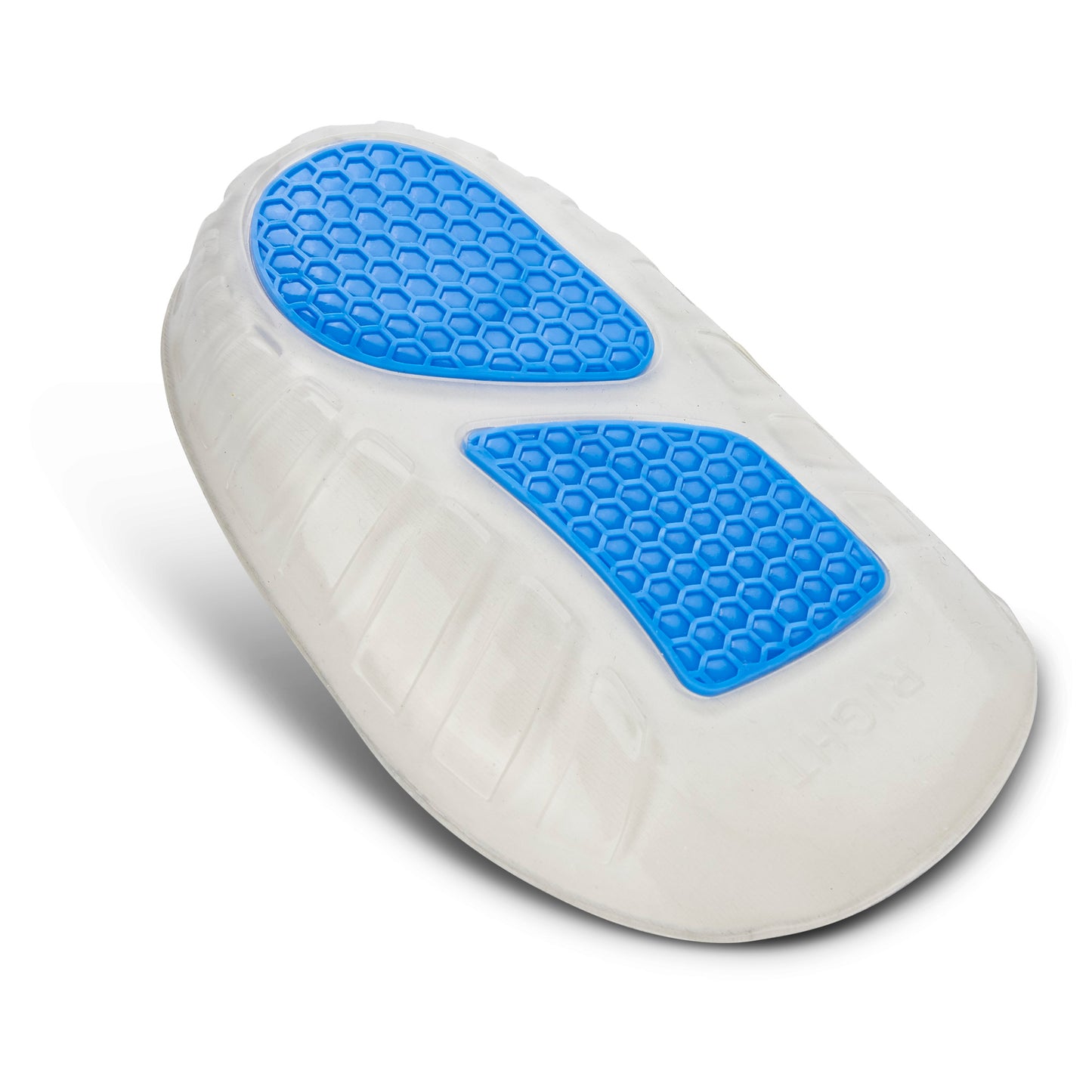 The shoe sole provides traction with textured blue grip pads in a sports shoe.