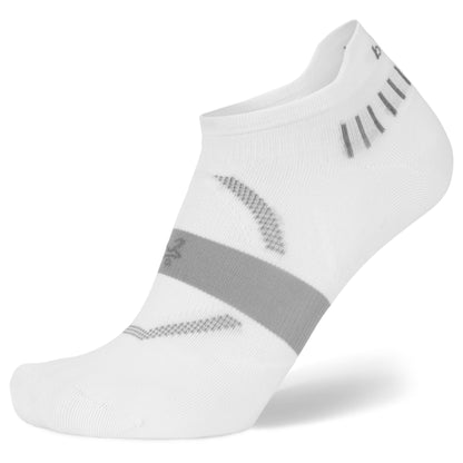An athletic sock displays in mid-air with breathable fabric and cushioning against a white background.