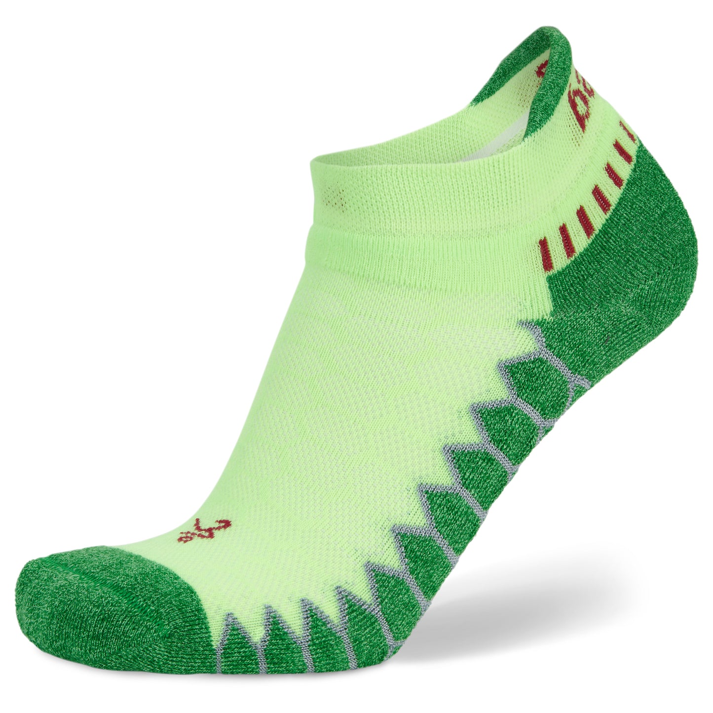 A green and white athletic sock with red and green details on a plain background.
