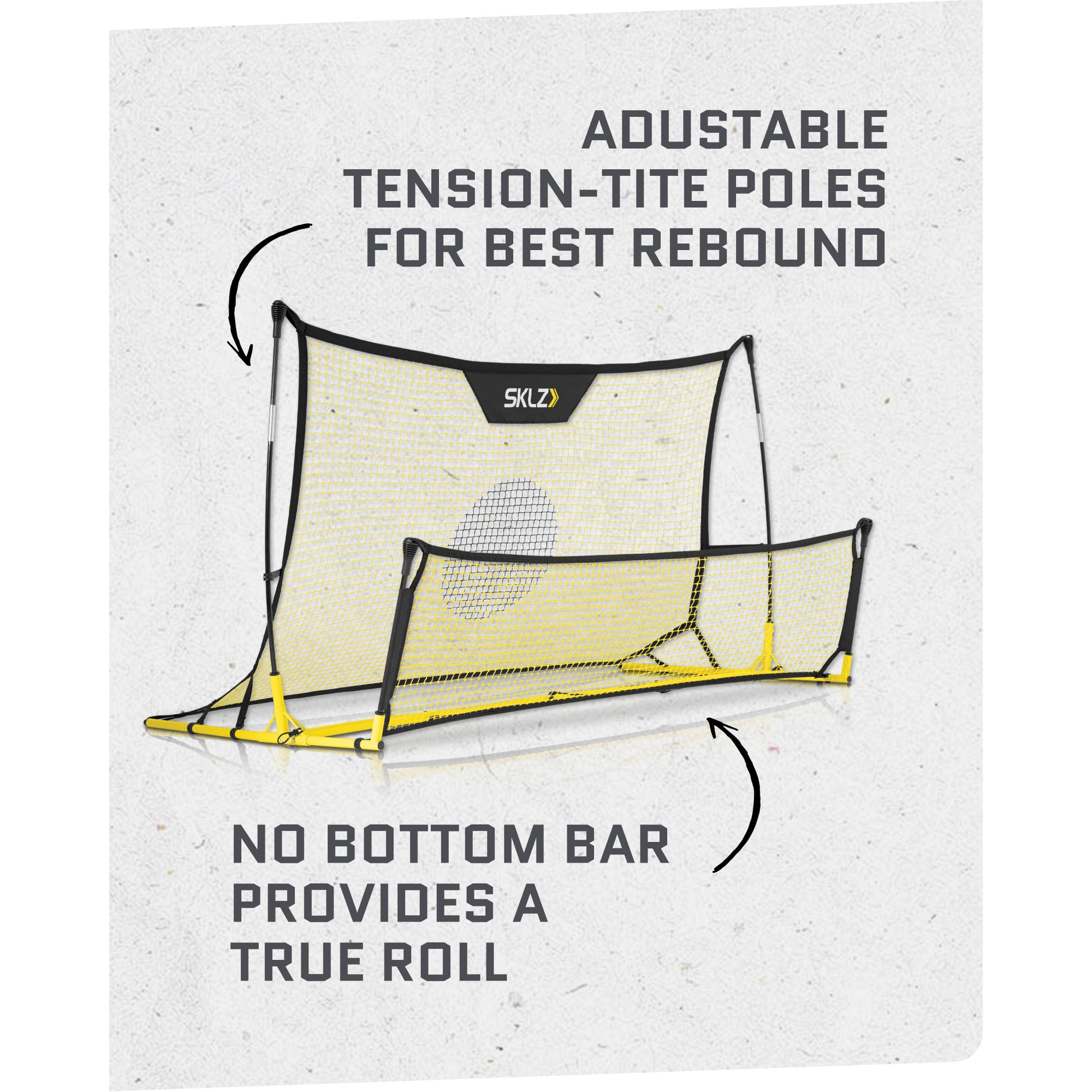 The soccer rebound net is shown with adjustable tensiontite poles in a sports environment