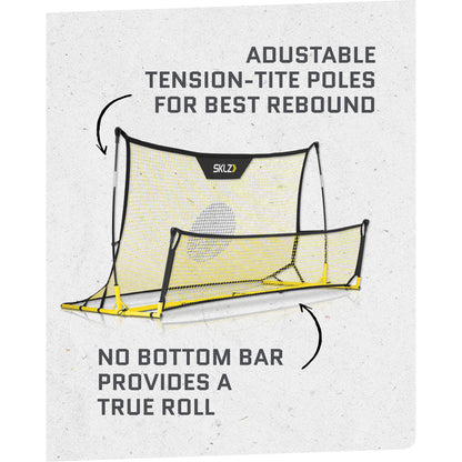 The soccer rebound net is shown with adjustable tensiontite poles in a sports environment
