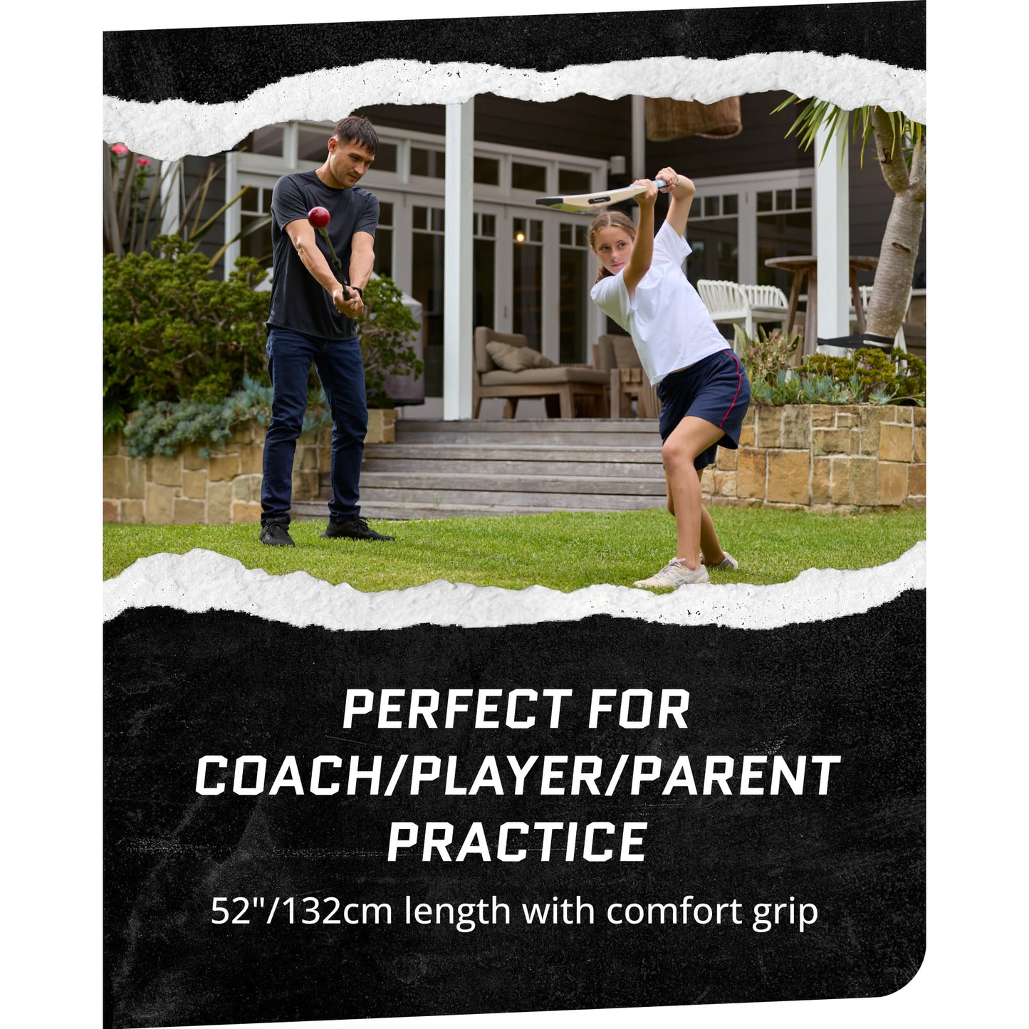 Action shot of man and female using SKLZ Cricket Bat Trainer in backyard with overlay text highlighting  perfect to practice with coach, player or parent