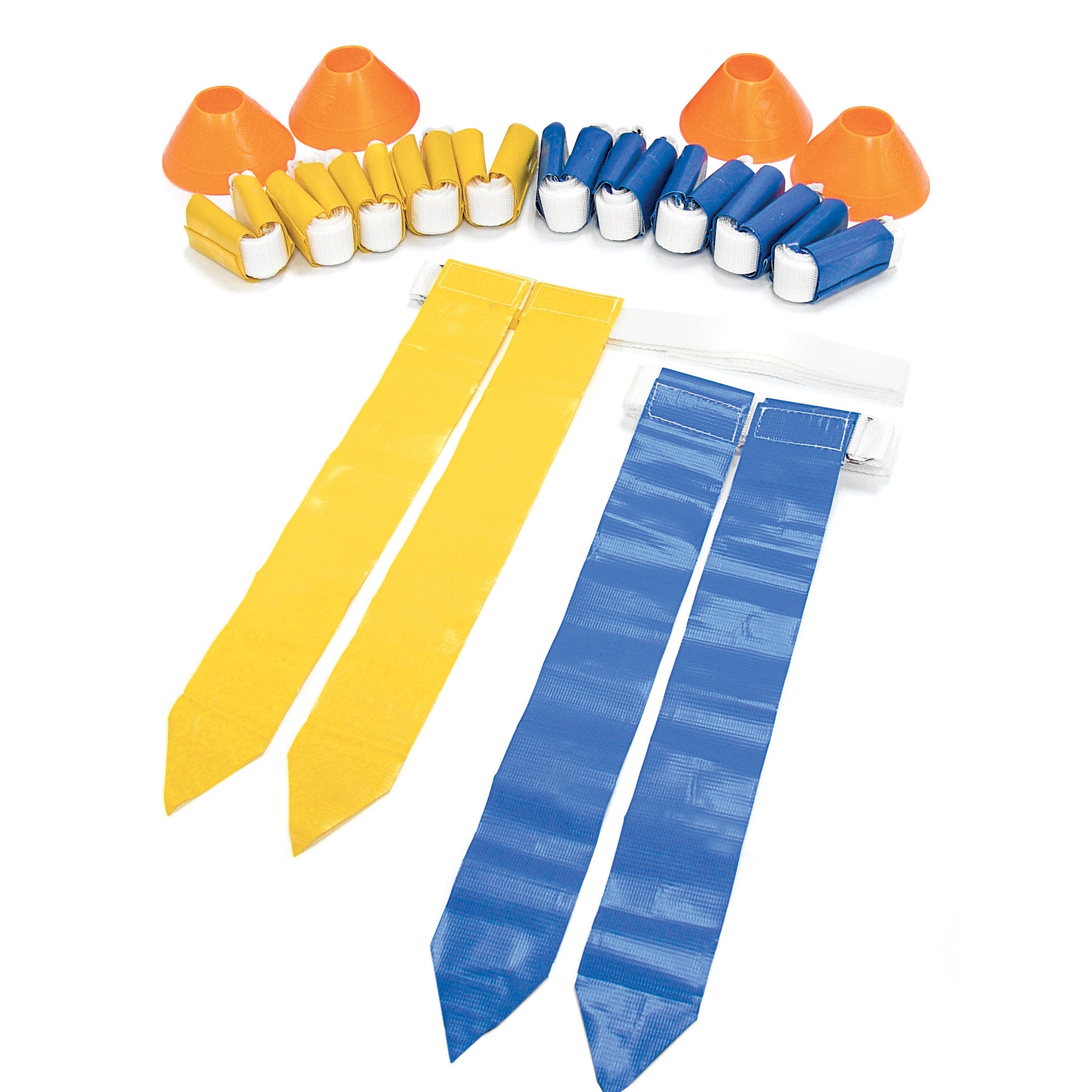 Cones and tags are arranged for a sports drill or training exercise on a white surface