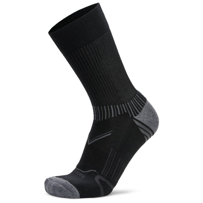 A black and gray athletic sock is displayed on a foot mannequin against a white background.