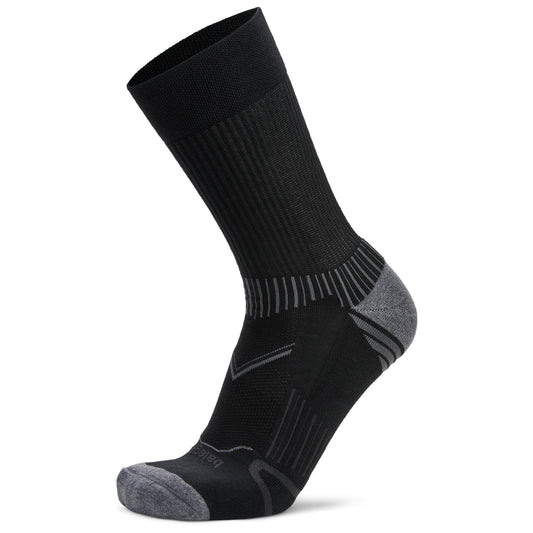 A black and gray athletic sock is displayed on a foot mannequin against a white background.