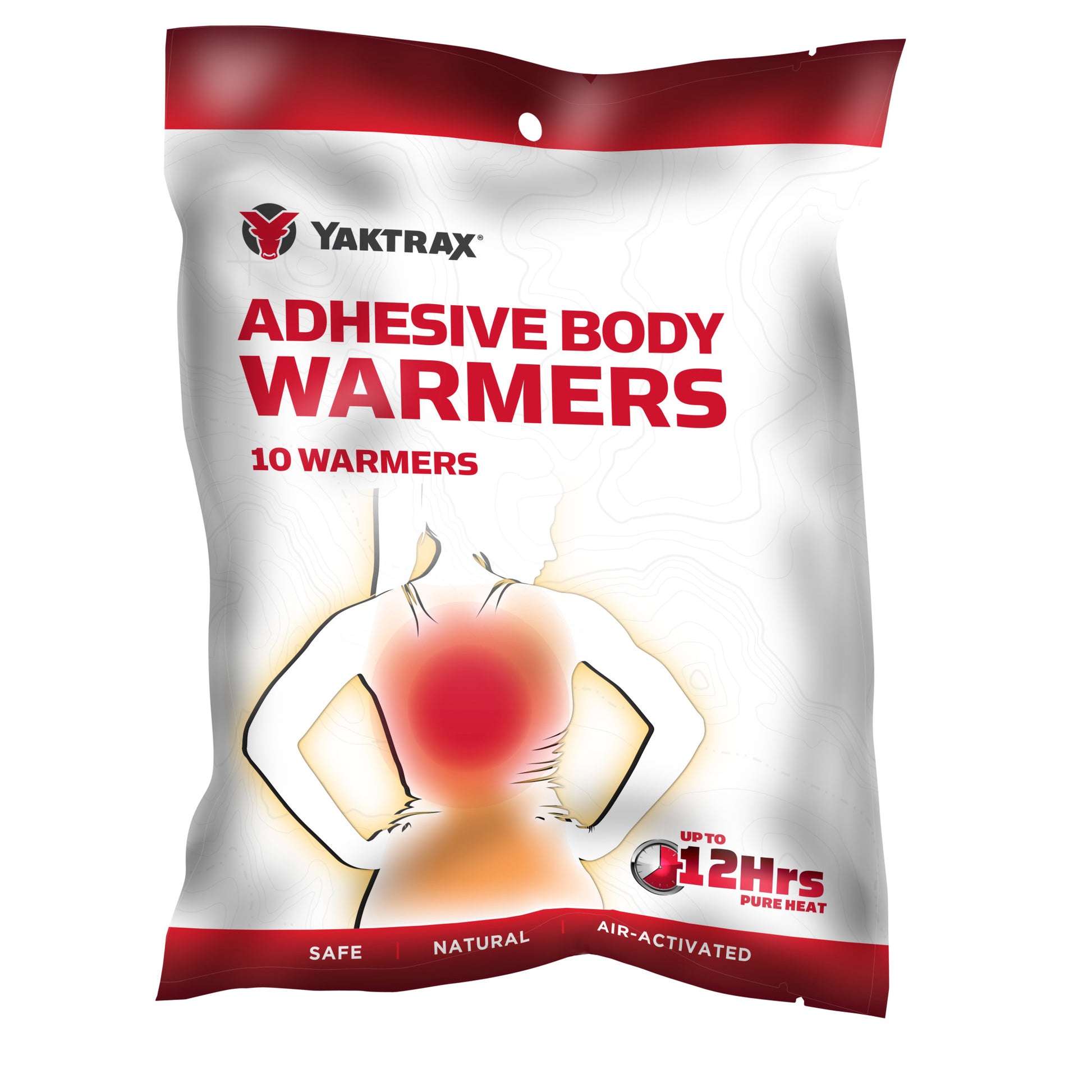 Pack of adhesive body warmers emitting heat on the torso in a retail environment