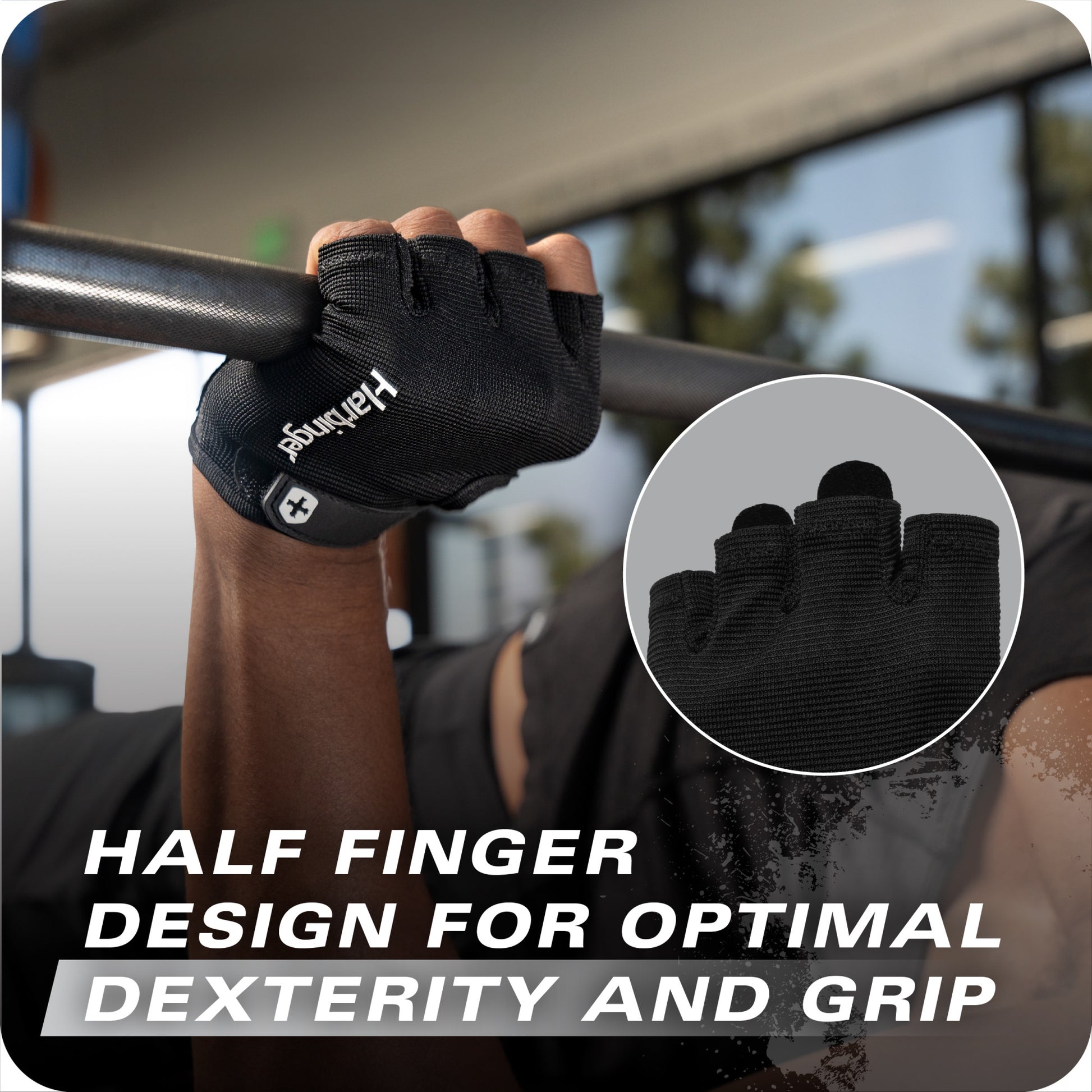 A hand wearing a half finger glove grips a barbell during exercise in a gym environment.