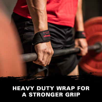 Person lifting weights with heavy duty wrap for grip on barbell in gym environment