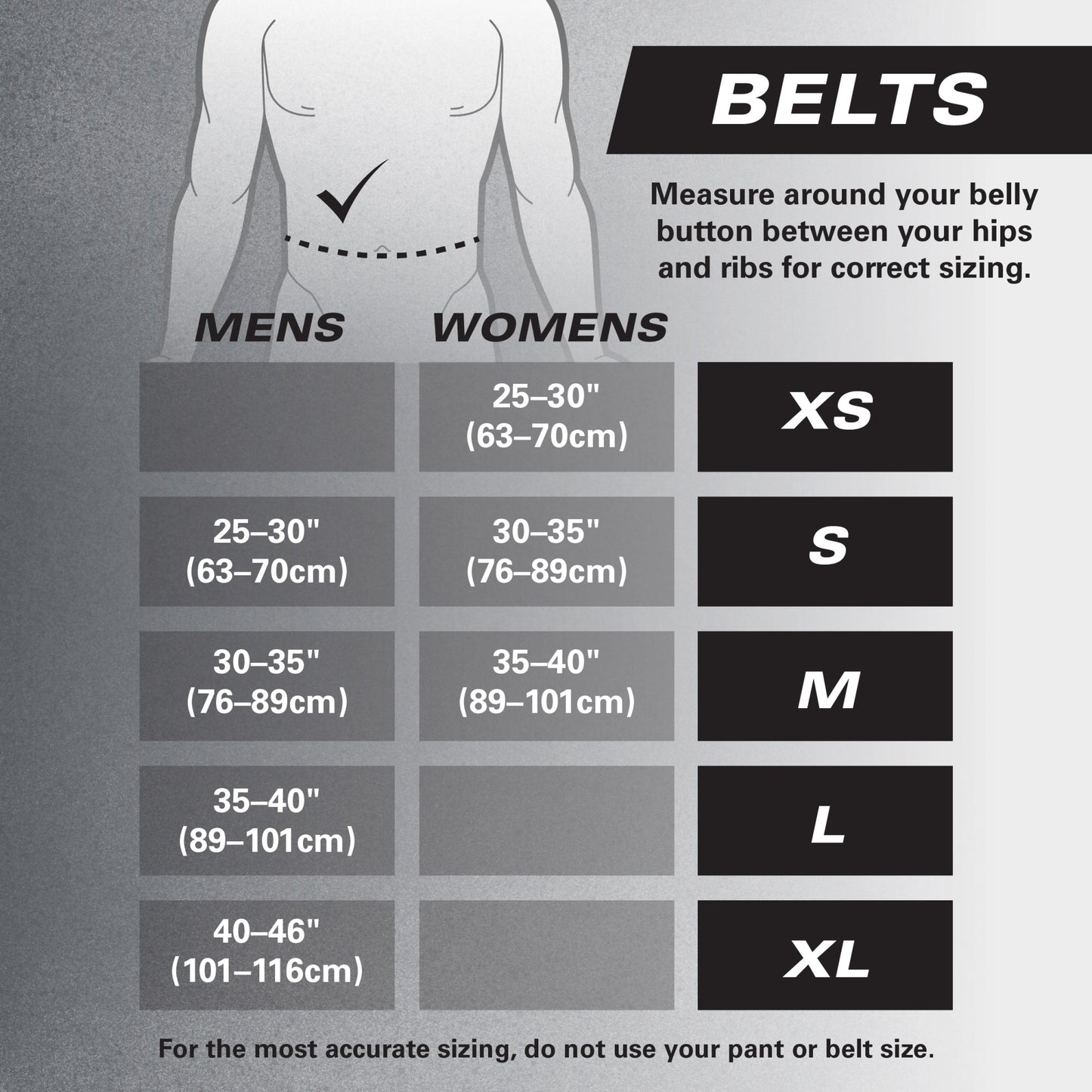 Chart shows belt sizes XS to XL for men and women; measure waist for accurate fit.