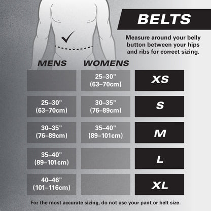 Chart shows belt sizes XS to XL for men and women; measure waist for accurate fit.