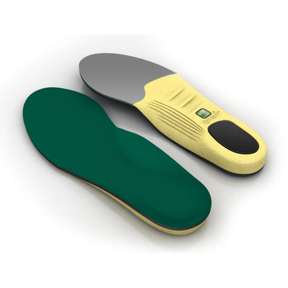 An insole is shown lying on a white surface insole designed to fit inside a shoe for comfort or support.
