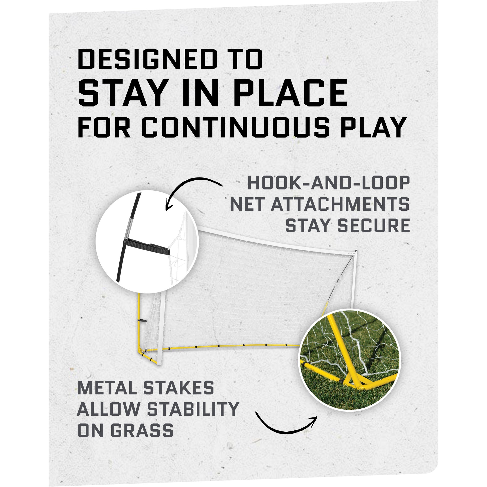 Metal stakes stabilize the net on grass for continuous play