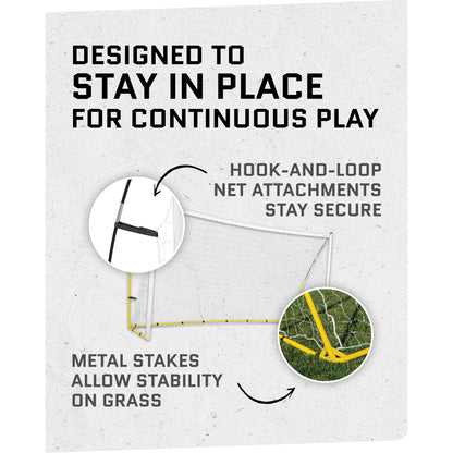 Metal stakes stabilize the net on grass for continuous play