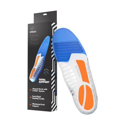 Orthopedic insole absorbs shock and provides arch support in a footwear environment.