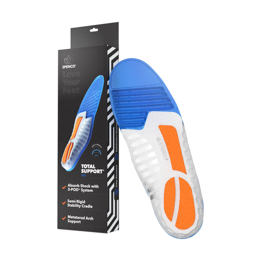 Orthopedic insole absorbs shock and provides arch support in a footwear environment.