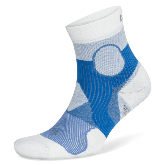A blue and white athletic sock displays support and cushioning in a sportswear setting