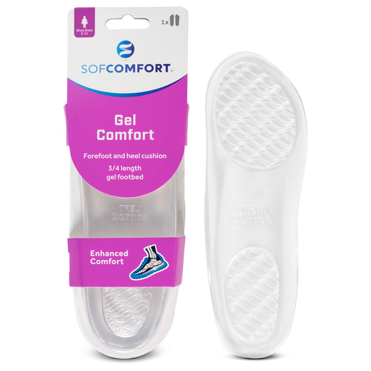 A gel footbed labeled SOFComfort in a clear plastic case with purple label, designed for enhanced foot and heel cushion.