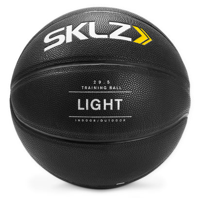 A black training basketball with white and yellow branding on a white background