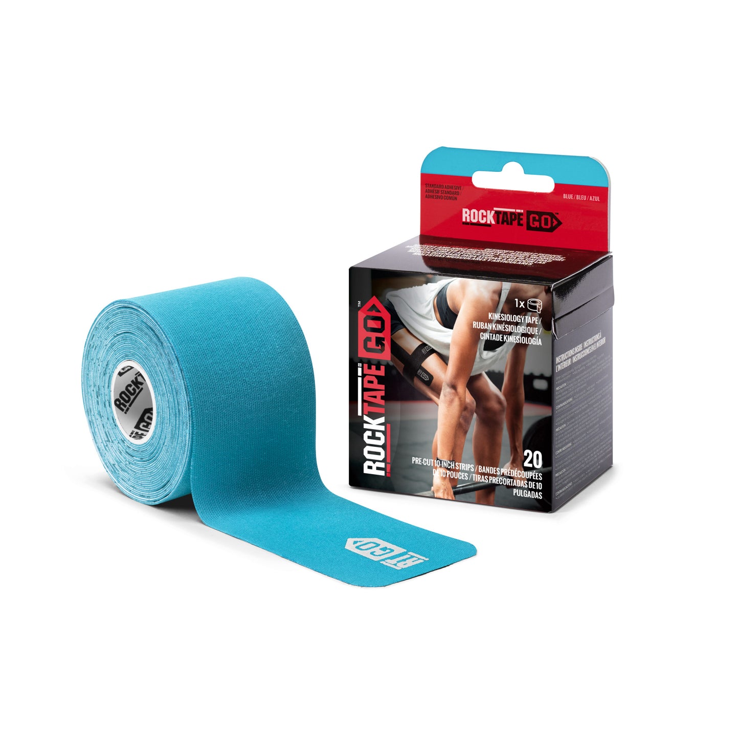 The solid blue tape is displayed beside a box of rock tape, used for sports and rehabilitation.