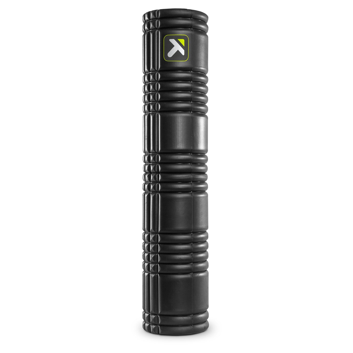 A black foam roller supports stretching exercises in a fitness environment.