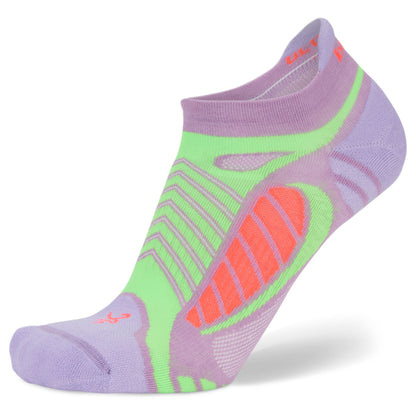 A colorful running sock displays on a white background in a close-up shot.