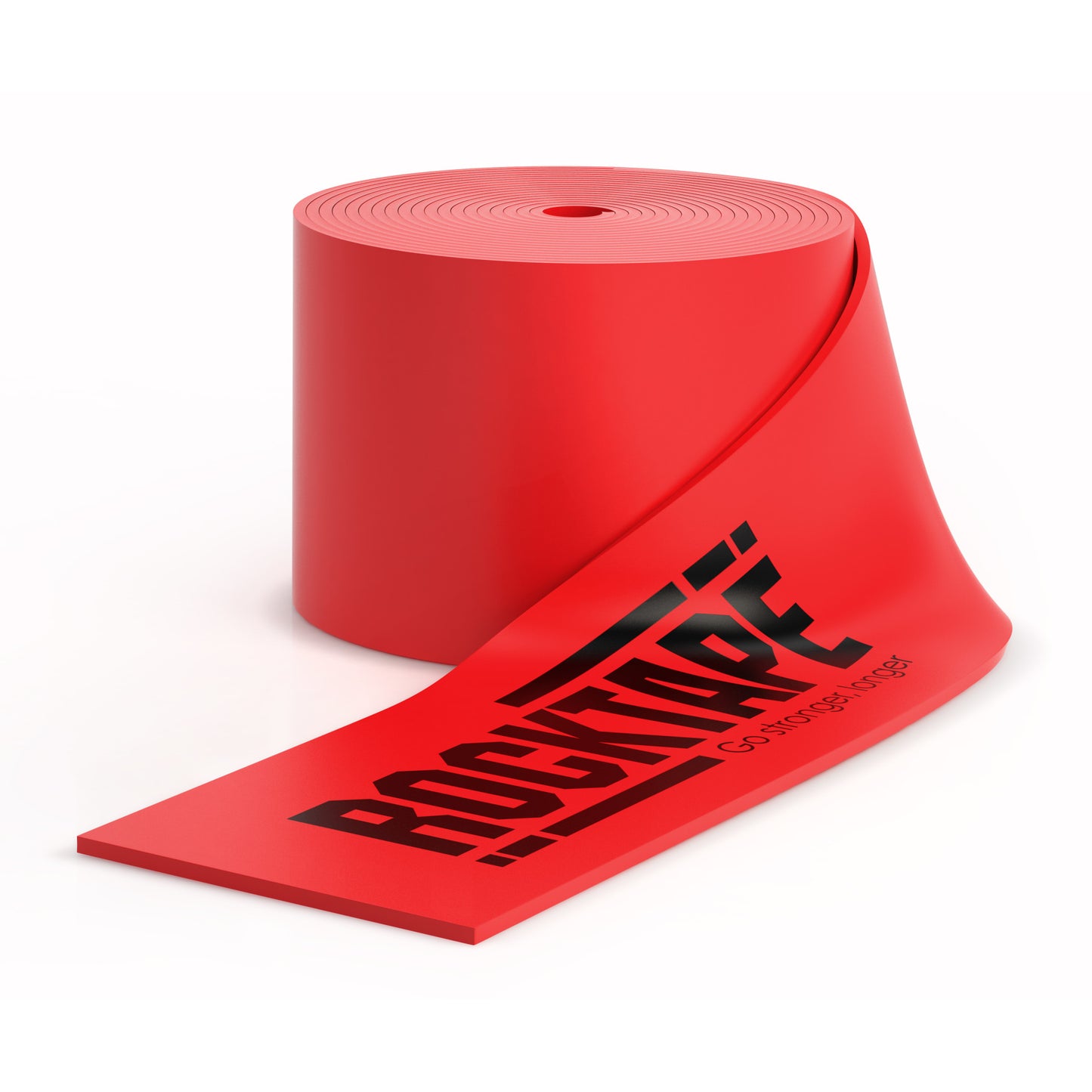 A roll of red warning tape with black text unspools in a white space.