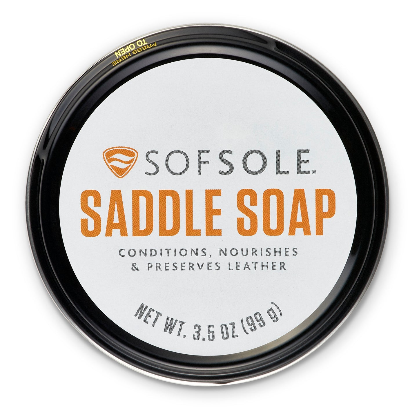 Saddle soap applies to leather for conditioning and nourishing in a container.