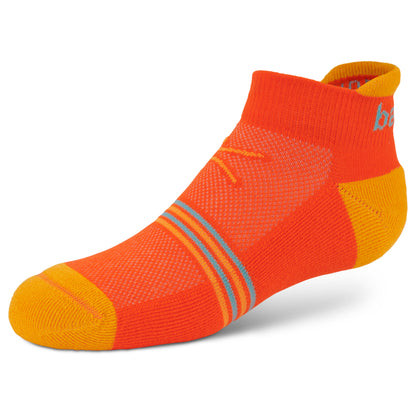 A colorful running sock is shown in a retail environment with a plain white background.