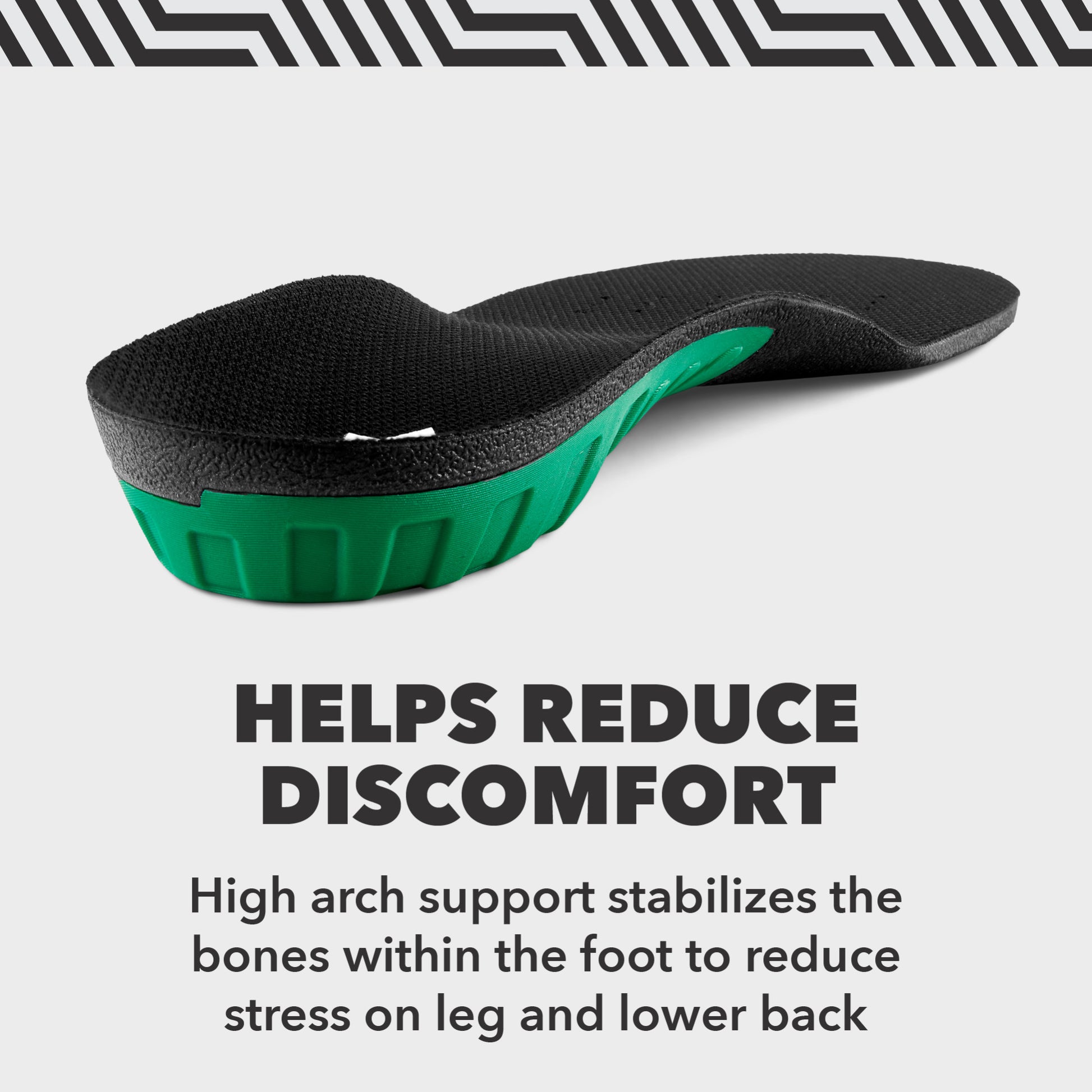 Insole stabilizes foot with high arch support, reducing stress on leg, in minimalistic setting.