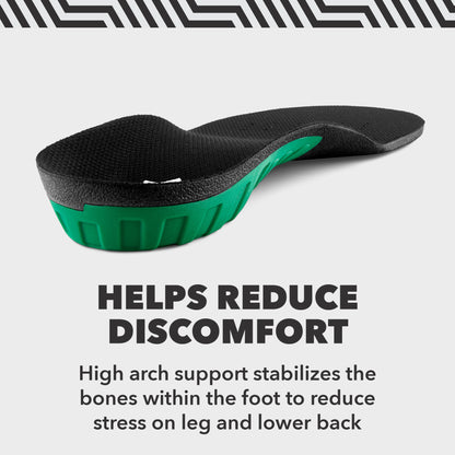Insole stabilizes foot with high arch support, reducing stress on leg, in minimalistic setting.