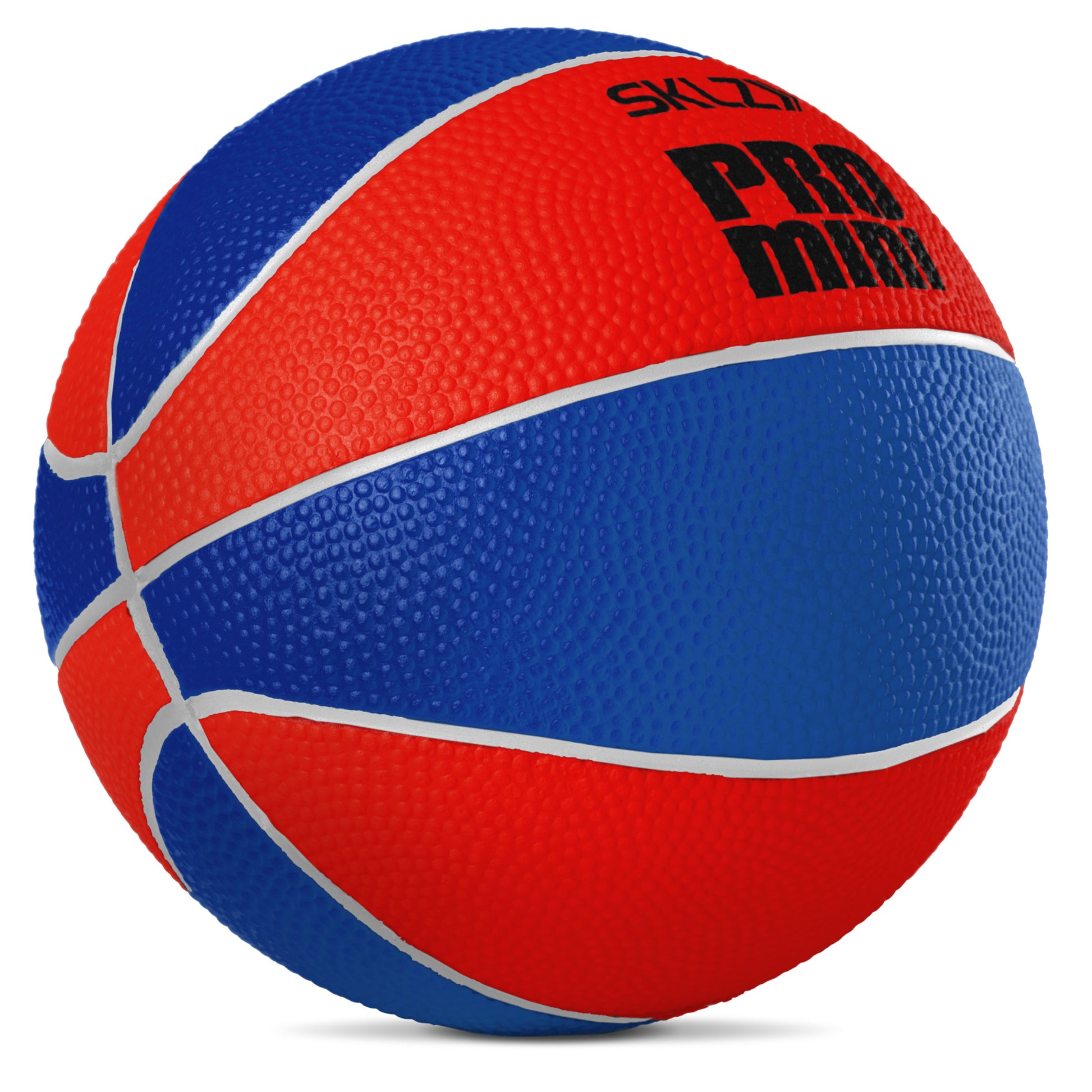 A volleyball with red and blue panels and white lines set against a white background
