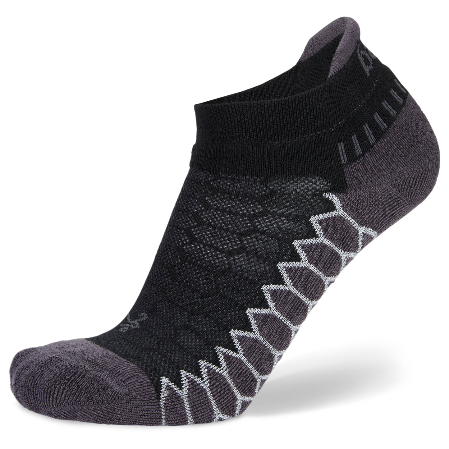 A running sock displays scaled pattern and cushioning in Black and Gray colors