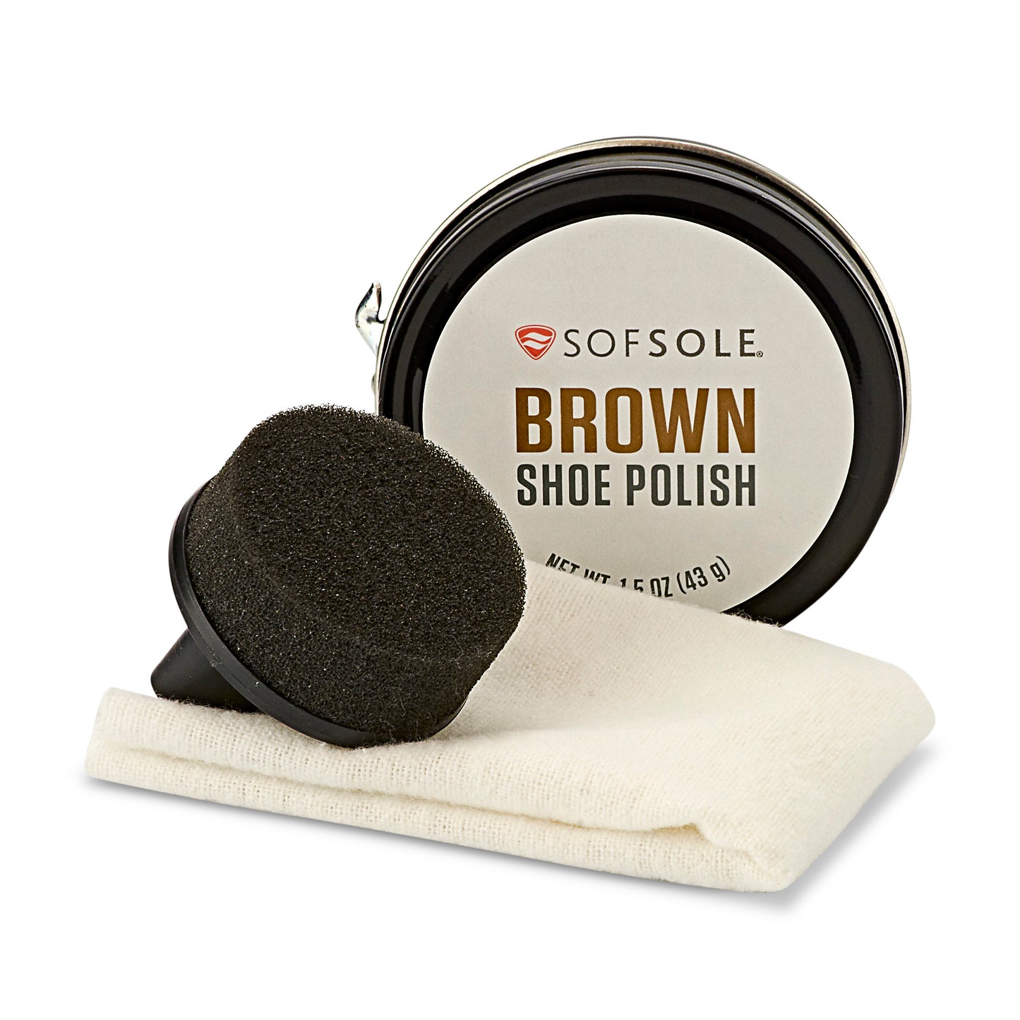 The shoe polish applies brown color to shoes in a cleanup kit with applicator and cloth.