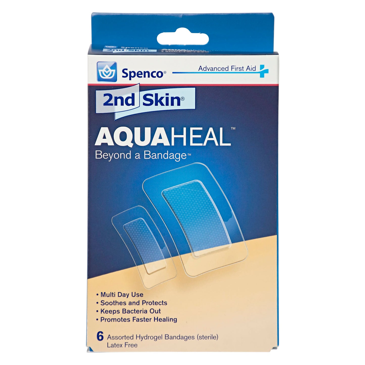 The box contains six hydrogel bandages for protecting and soothing skin injuries.