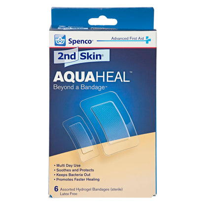 The box contains six hydrogel bandages for protecting and soothing skin injuries.