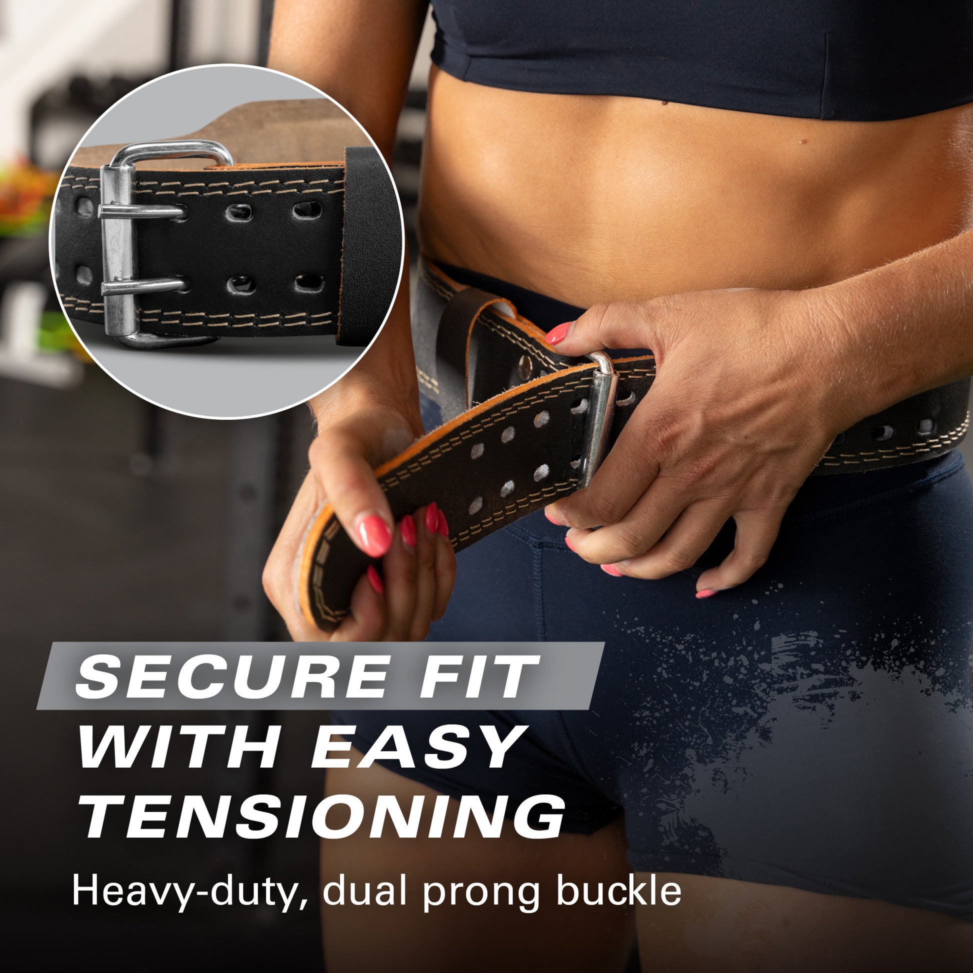 Weightlifting belt being fastened around a persons waist, in a gym setting.