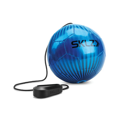 A blue medicine ball connected to a control device for exercise or training purposes