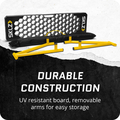 The image shows yellow braces and a black bag on a black and white background with text about durable construction