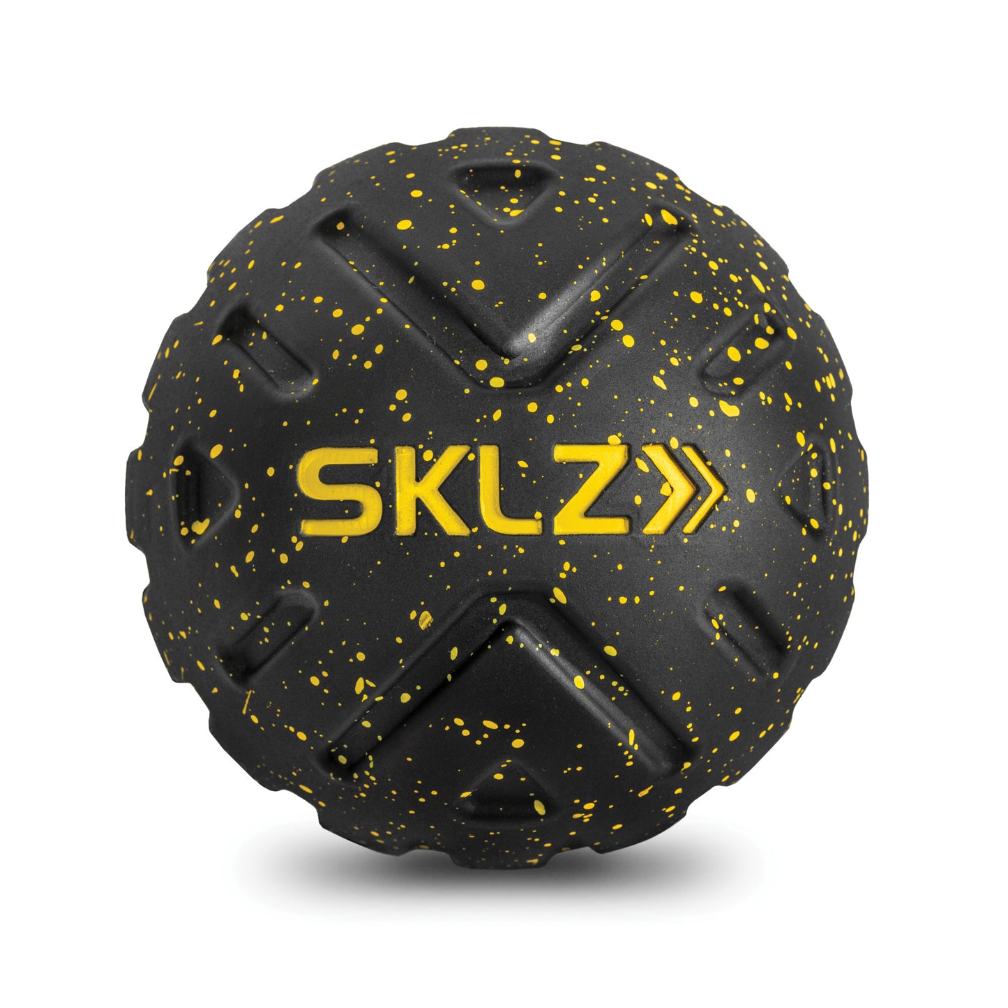 A black and yellow speckled rubber ball with the text SKLZ and directional arrows on it