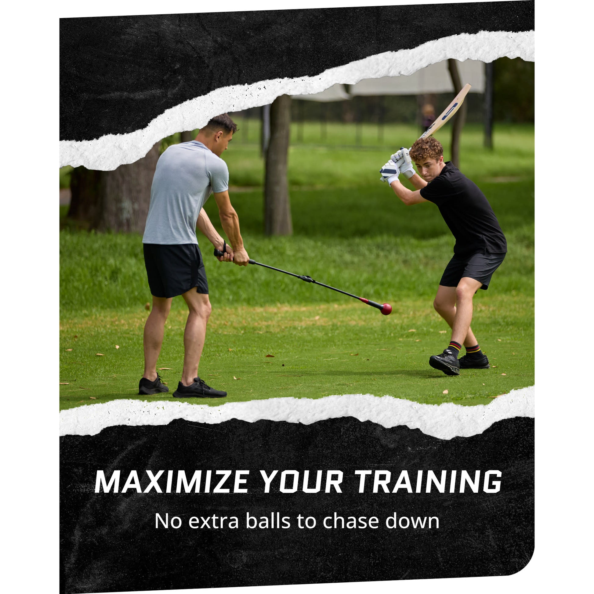 Action shot of man and boy using SKLZ Cricket Bat Trainer at a park with overlay text highlighting maximize your training with no balls to chase