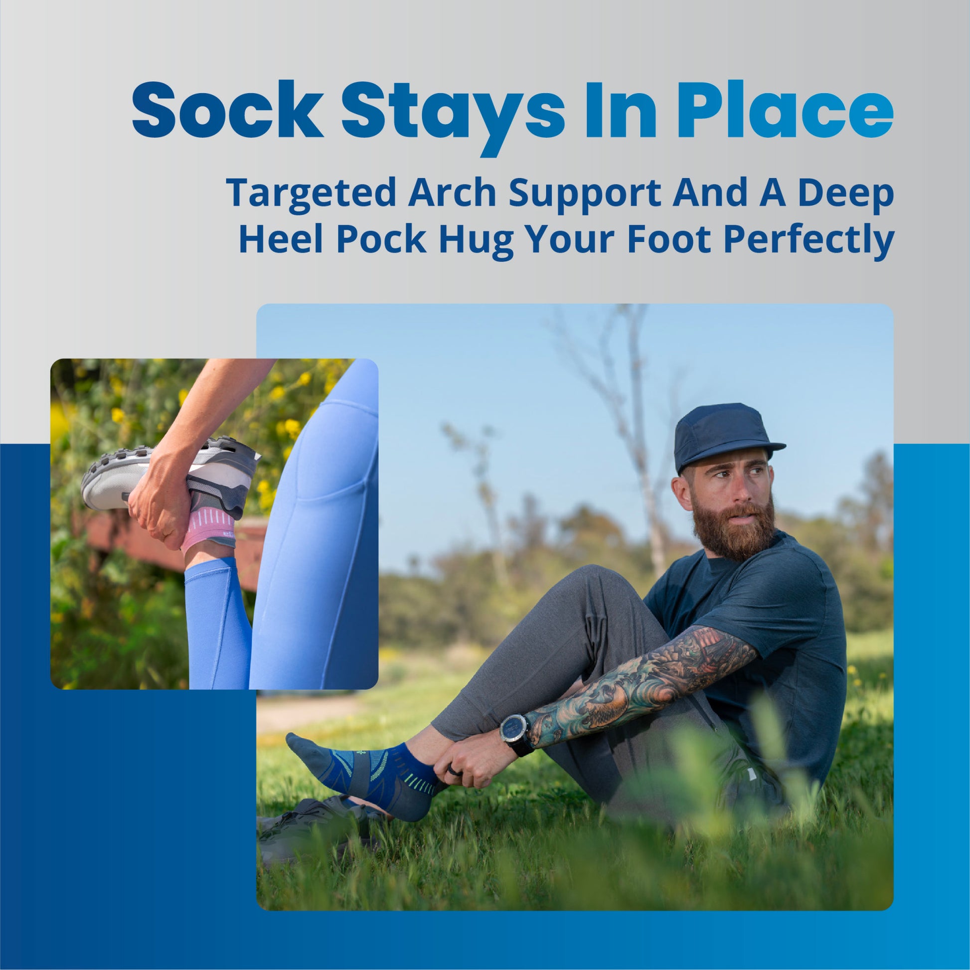 A man stretches his leg while sitting on grass outdoors, with a close-up of a sock and shoe inset.