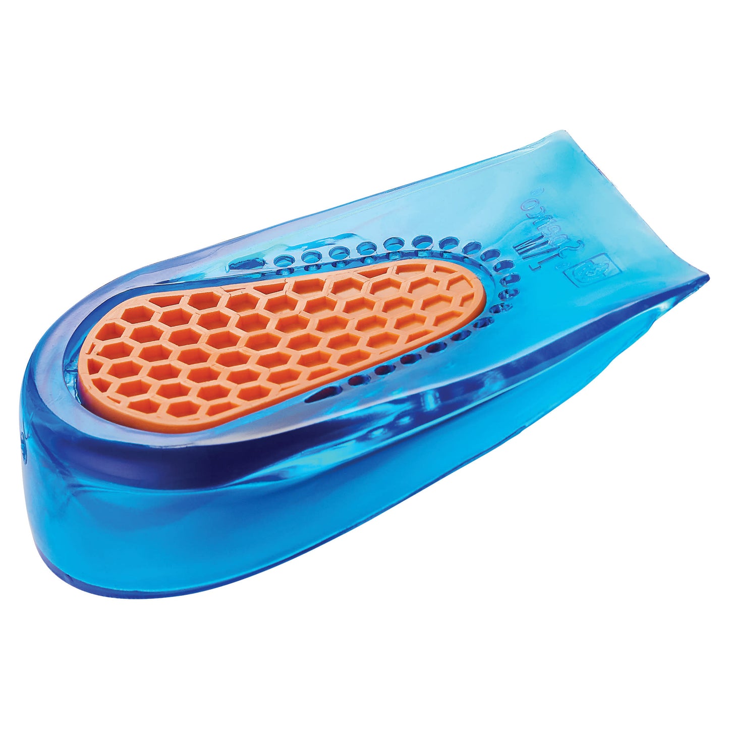 A soap dish holding an orange soap with a honeycomb pattern on a blue transparent base