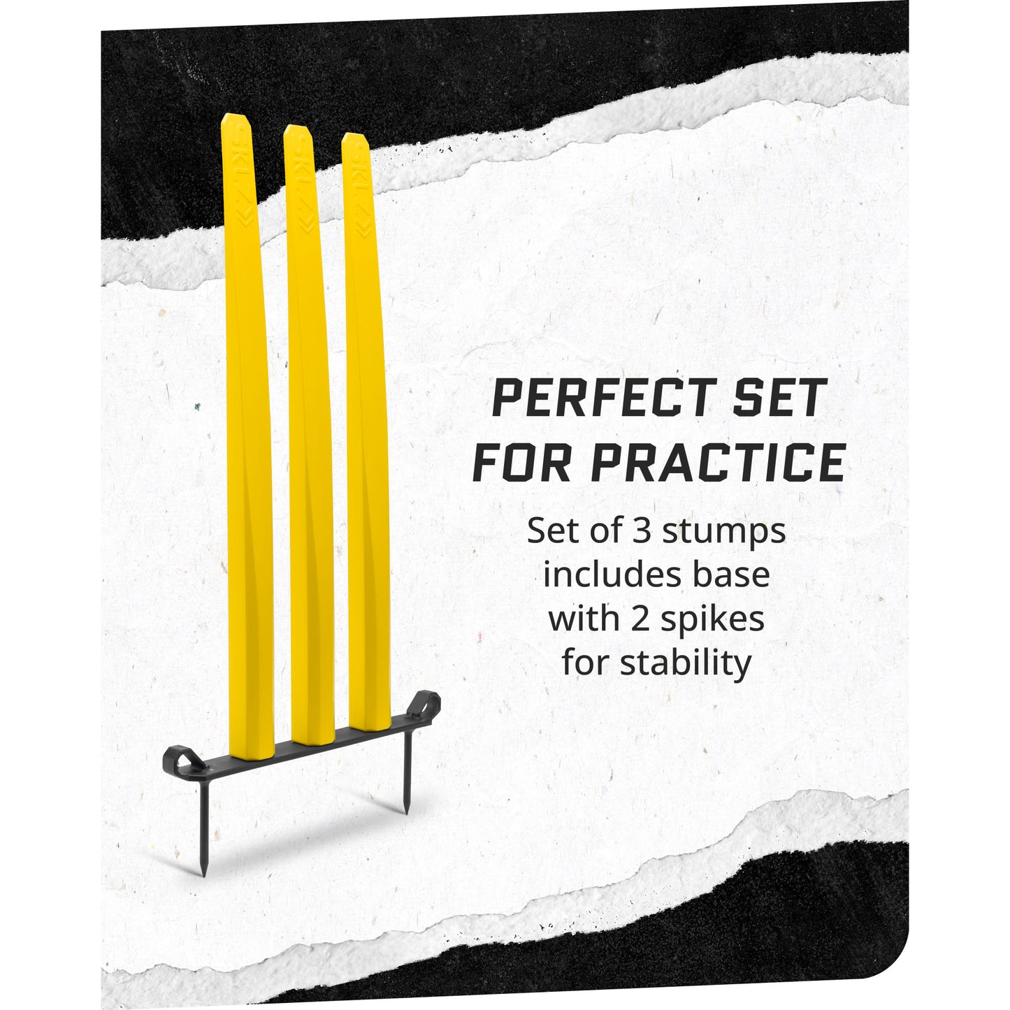 Angle view of SKLZ Cricket 3 Stumps Flexi-Set on a white background with overlay text highlighting its perfect use for practice