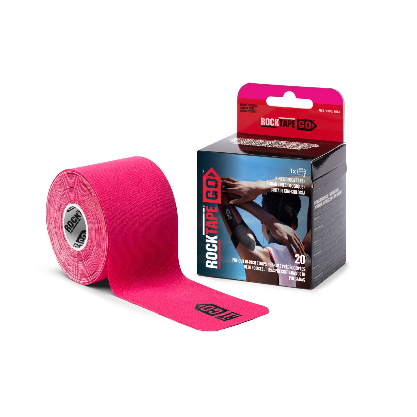 The pink athletic tape is displayed with packaging on a white background.