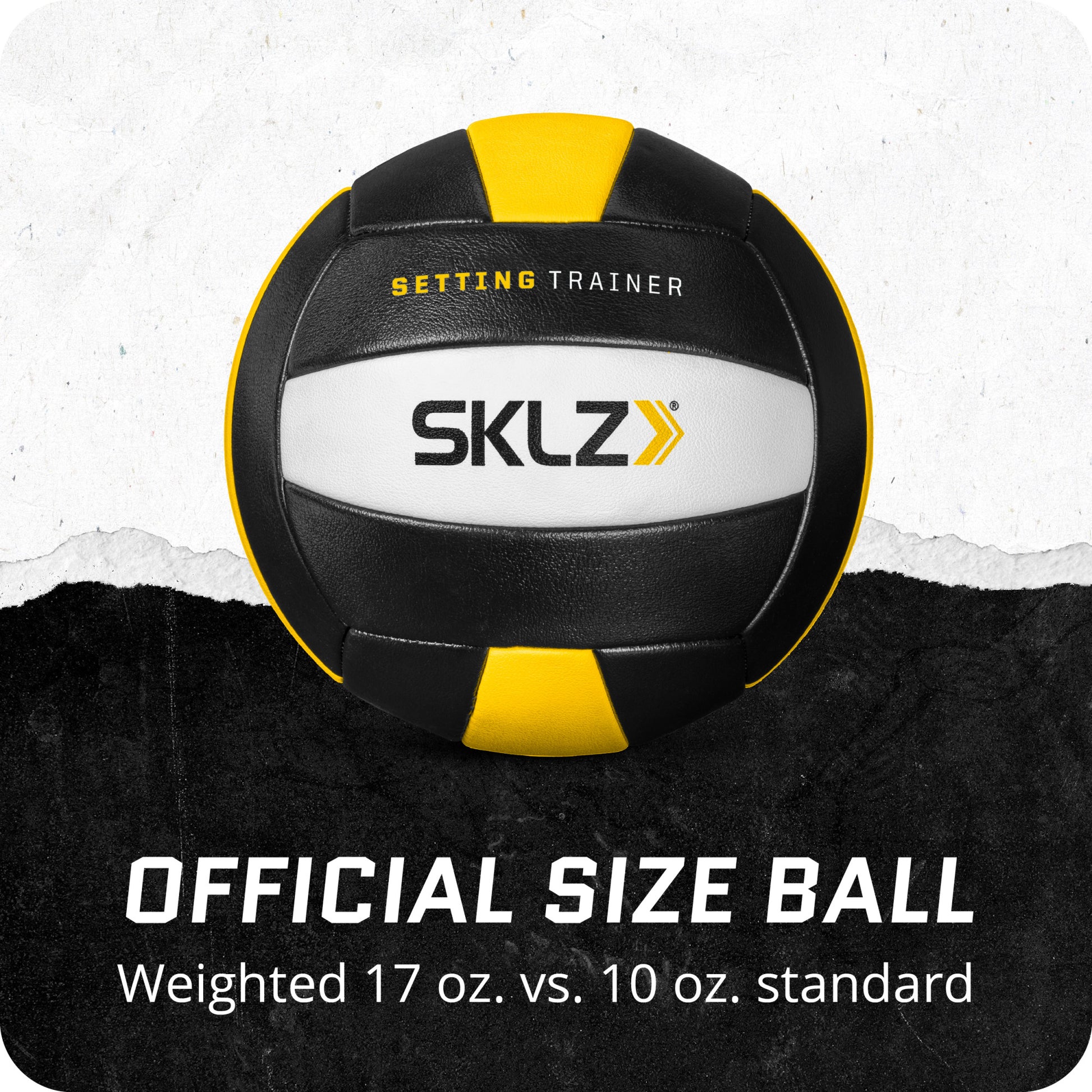 A black and yellow weighted soccer ball demonstrates size and weight difference in a product display