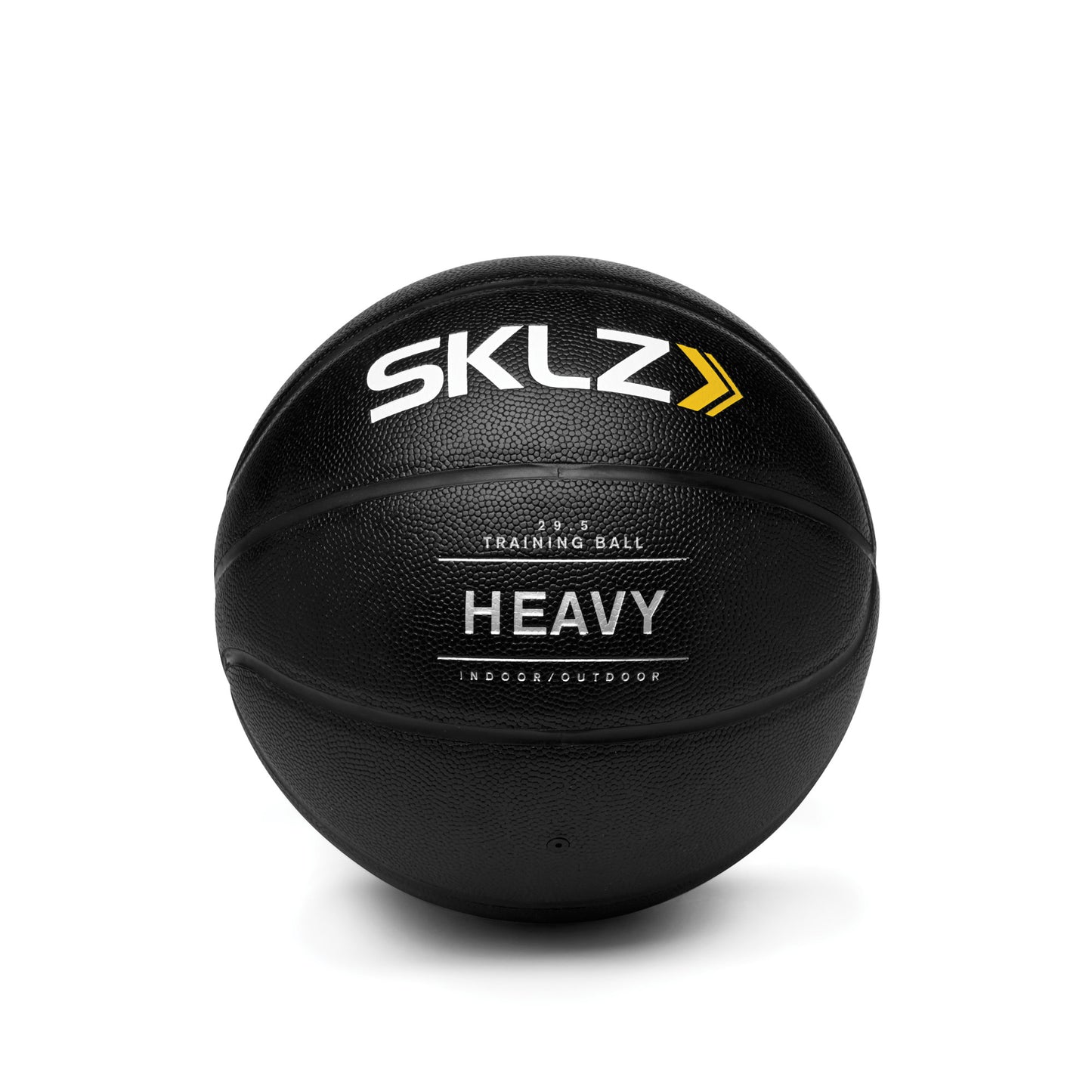 A heavy black training ball rests on a white background