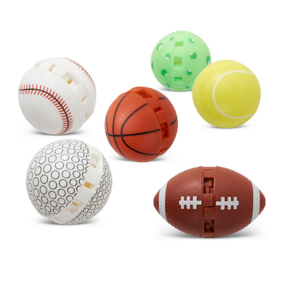 Six spherical toys resembling sports balls are arranged on a white surface, each with a unique textured pattern.