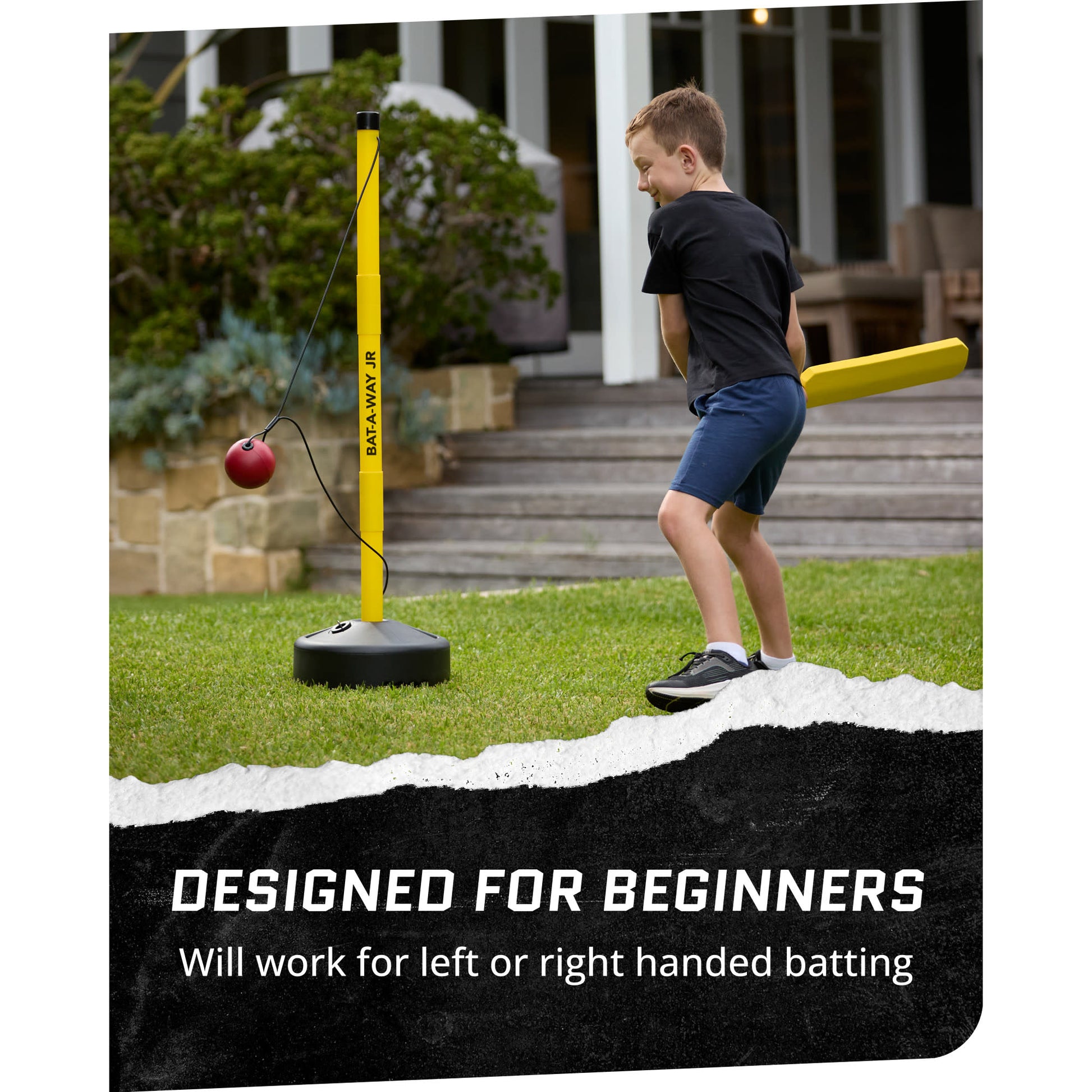 In use shot of a boy using the SKLZ Cricket Bat-a-Way Jr. swing trainer in a yard with overlay text highlighting good for beginners left or right handed