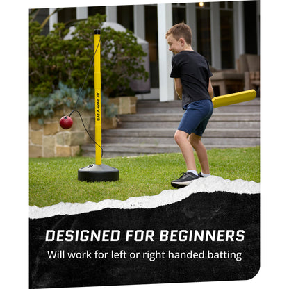 In use shot of a boy using the SKLZ Cricket Bat-a-Way Jr. swing trainer in a yard with overlay text highlighting good for beginners left or right handed