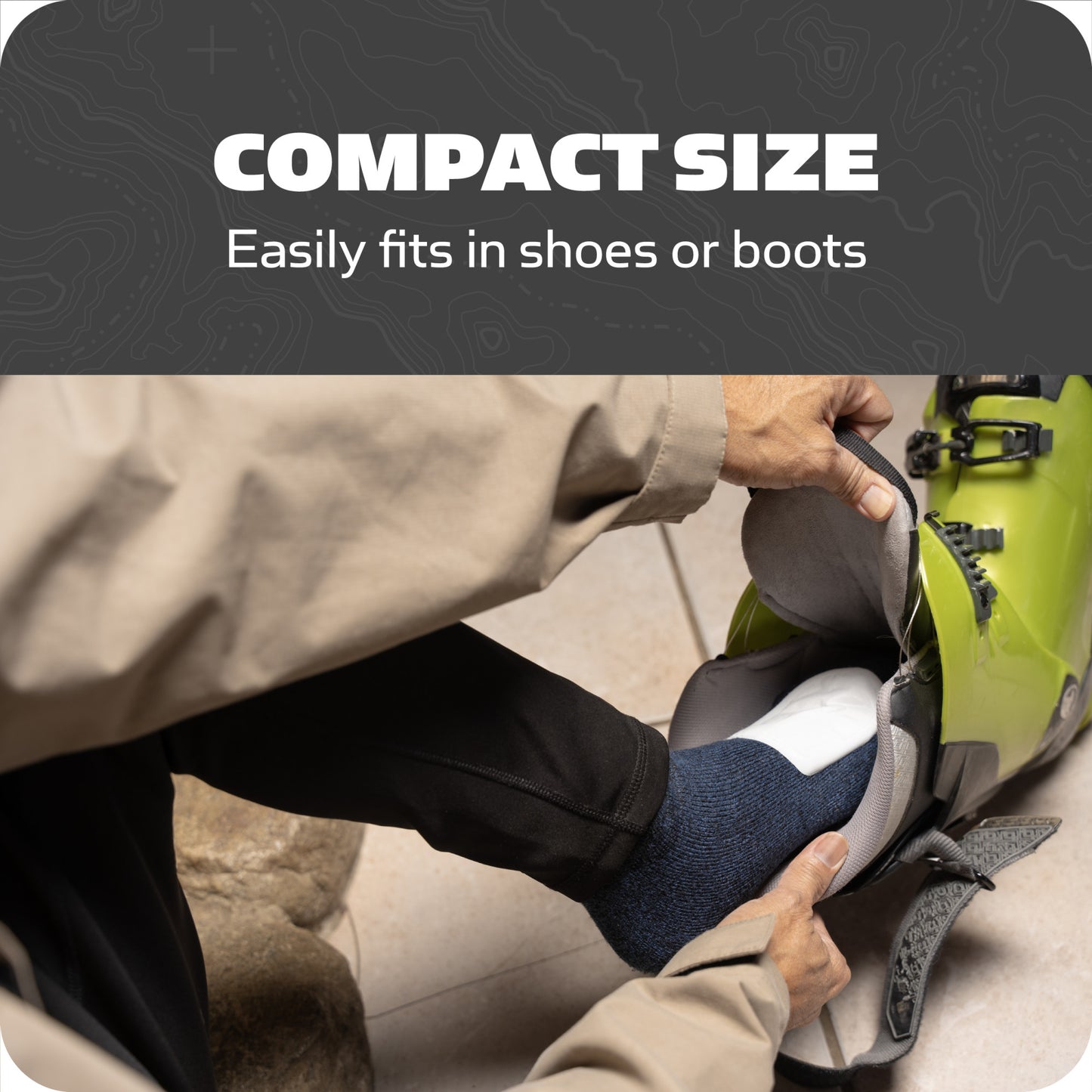 Hand places compact shoe insert into a backpack in outdoor setting.